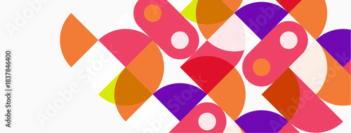 Abstract geometric shapes overlap, creating vibrant colorful composition. Circles, semicircles, dots form playful pattern.