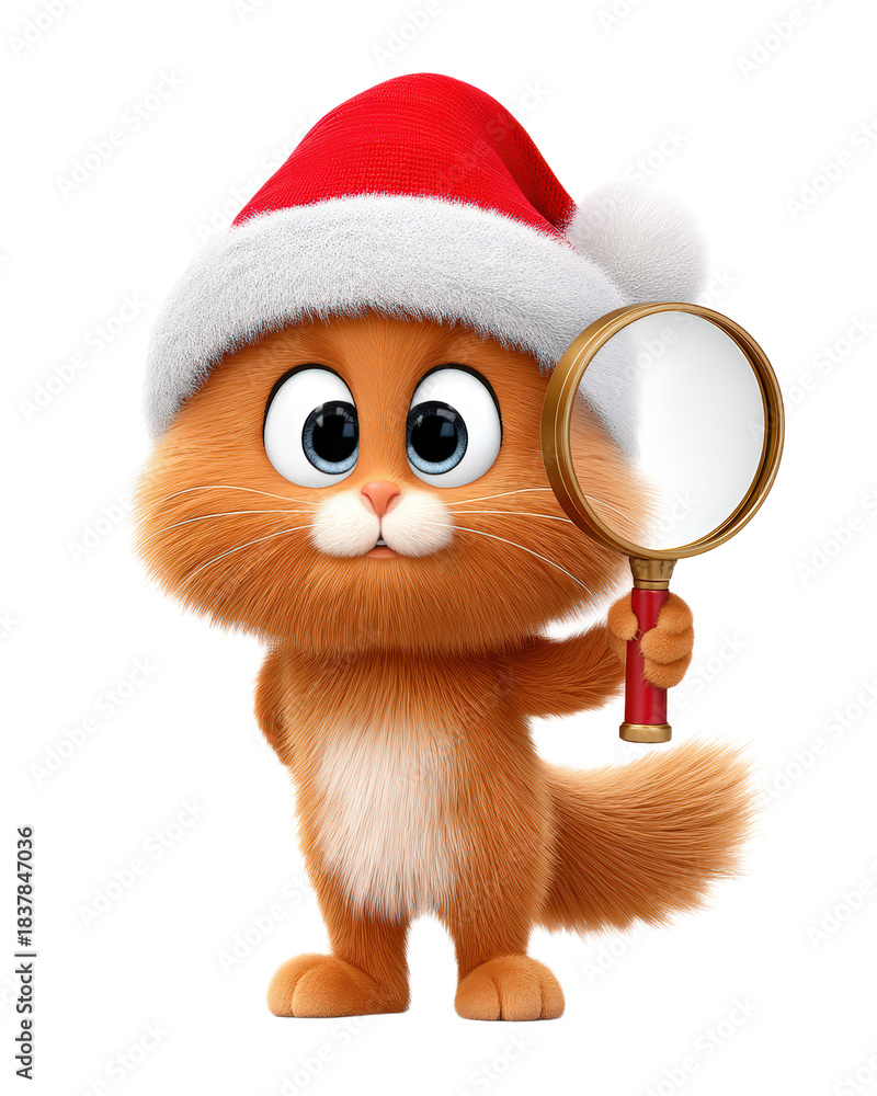 Obraz premium An adorable, fluffy 3D rendered ginger kitten mascot wearing a red Santa Claus hat holds a magnifying glass, looking curious and ready to search, isolated on a clean white backgrou