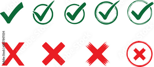 Set of grunge checkmark and cross icons in green and red variations Isolated on Transparent Background
