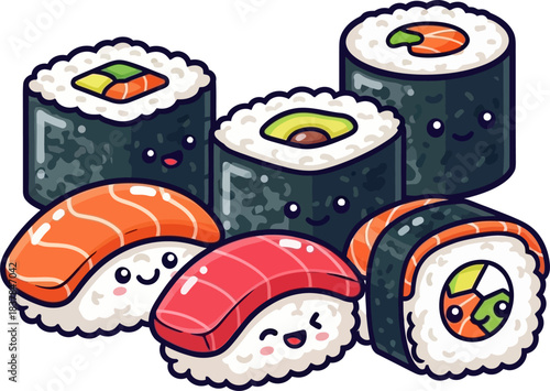 Adorable kawaii sushi characters with happy faces illustration.