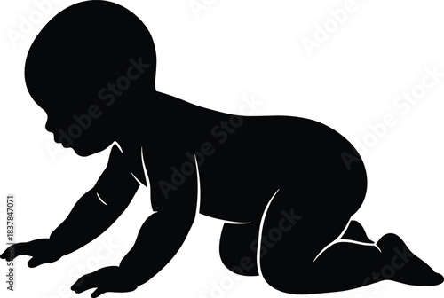 Crawling baby silhouette illustration showing infant movement development, early childhood growth, newborn posture, toddler progress, black vector design for parenting themes