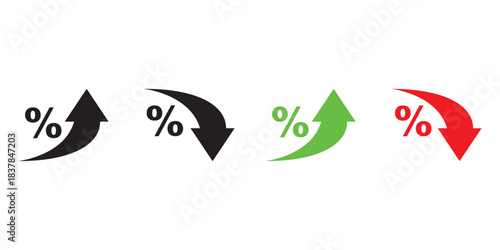 Percent Arrow Icons Set: Growth, Increase, Decrease Filled Up and Down Arrows