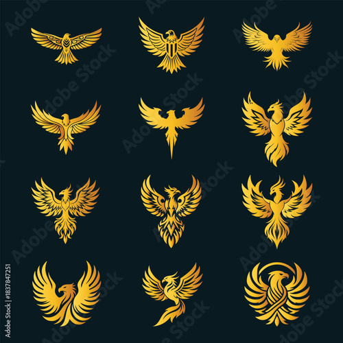 Elegant golden phoenix vector illustrations in diverse styles for branding, tattoos, mythology, luxury design, and symbolic art themes