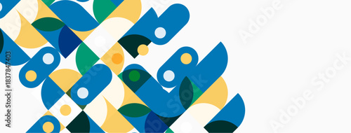 Abstract geometric shapes overlap, creating dynamic visual pattern. Colors include blue, yellow, green, white. Minimalist design.