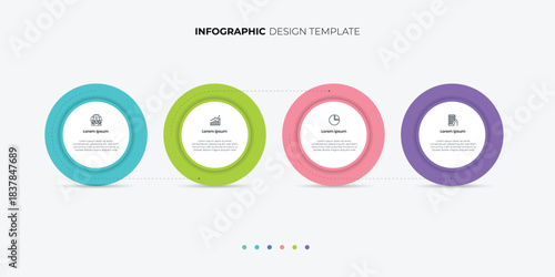 Simple infographic design template elements placed in horizontal row. Concept of 4 steps of business development process. Modern linear  illustration for report.