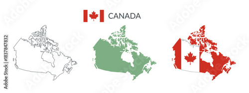 Canada geographical borders isolated on white background. Flag of Canada. Vector flat cliparts.