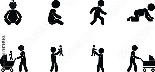 Minimal baby and parent activity icon set showing infant development stages, toddler movement, family bonding, stroller walking, nurturing care, and modern childcare concepts.