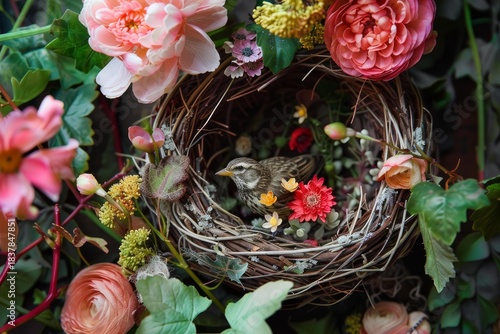 Small bird resting peacefully in its nest amidst a vibrant arrangement of colorful flowers