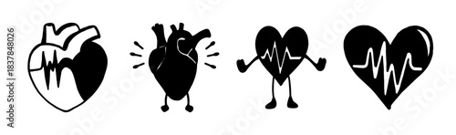 Collection of stylized heart illustrations representing health, love, and care concepts.