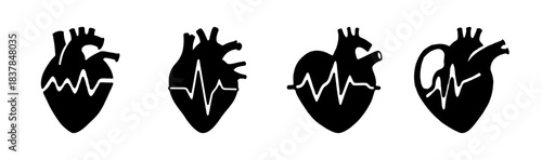 Human heart with electrocardiogram heartbeat line vector icon collection set