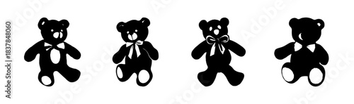Collection of four adorable black teddy bear silhouettes with cute bows