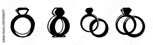 Collection of diverse ring icons: engagement, wedding, and simple bands.