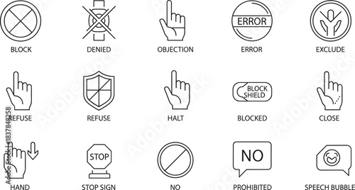 Minimalist Line Art Restriction and Prohibited Action Vector Icon Set: Security, Denied, Error, and Warning Symbols for Modern Web and UI Design.
