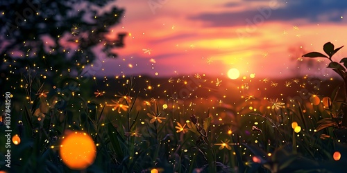 Fototapeta Naklejka Na Ścianę i Meble -  Magical sunset meadow filled with fireflies, illuminating a dreamy summer evening