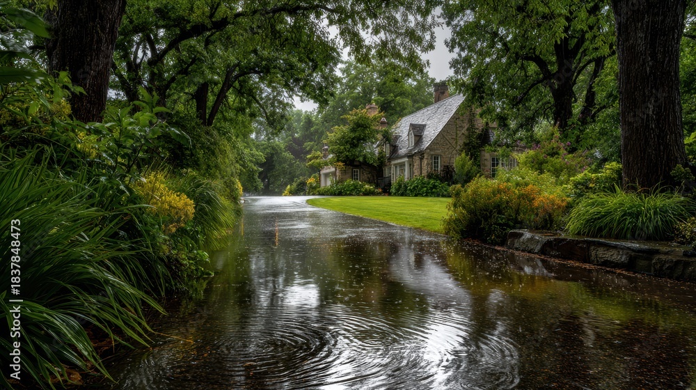 Fototapeta premium Rainy day scene of a traditional house with a lush green landscape. 
