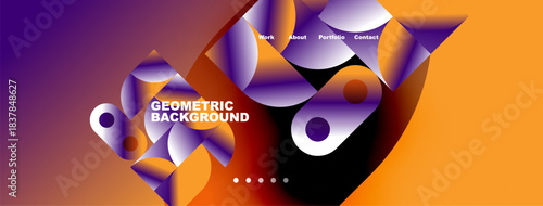 Abstract geometric design. Vibrant colors blend, creating dynamic visual experience. Includes navigation options work, about, portfolio, contact.