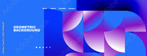 Abstract geometric background. Blue purple gradients create modern design. Navigation menu visible, simple text elements present.