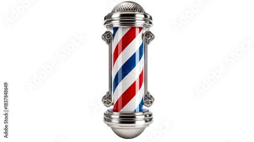 Classic barbershop pole with red white and blue stripes and ornate silver cap and base used for salon signage and vintage grooming business decor.