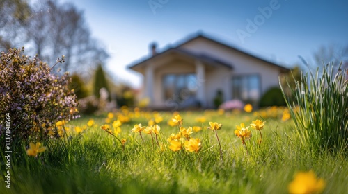 Scenic view of yellow flowers blooming in a lush green garden near a house.