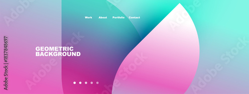 Abstract gradient background. Website header with navigation options. Pink, turquoise hues create modern design. Dots indicate sections.