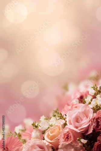 Pink floral border with vibrant peach tones and soft bokeh background for beauty ad social media post clean negative space design

