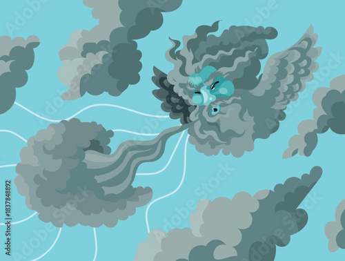 aeolus the greek god of the winds as a winged cloud spirit blowing powerful gusts