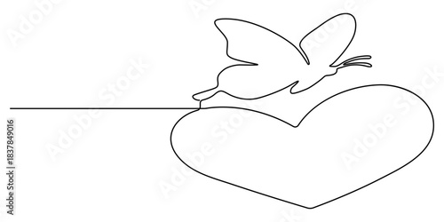 Continuous one line drawing of flying butterfly with love shape. Flying butterfly in single line draw illustration. Editable stroke.