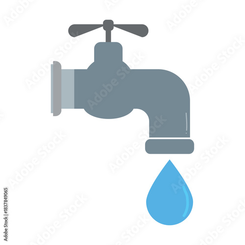 Clean flat-style vector illustration of a water faucet with a single blue droplet. Minimalistic plumbing icon suitable for themes like water conservation, utilities, plumbing services, eco campaigns
