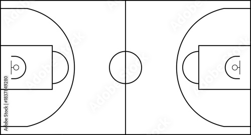 Minimalist top-view illustration of a basketball court with clean black lines on a white background. Ideal for sports diagrams, coaching materials, training graphics, and educational designs.
