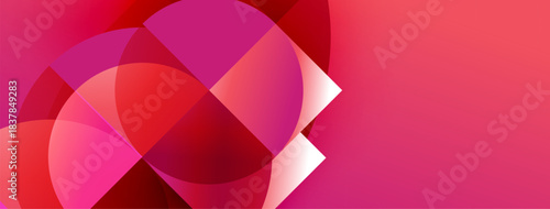 Abstract shapes overlap, creating vibrant red, pink gradients. Modern design suggests energy, movement, dynamism. Smooth transitions dominate composition.