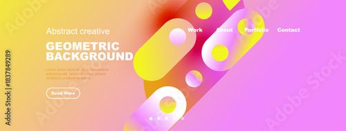 Abstract geometric background features vibrant colors, shapes, text elements, navigation options, plus button for more info.