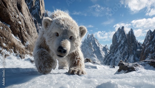 A young polar bear walks across a snowy mountain landscape.