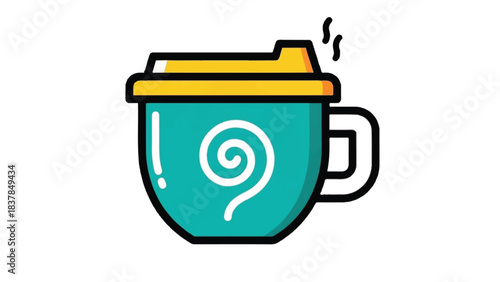 Stylish teal coffee mug with a yellow lid and a unique spiral design.