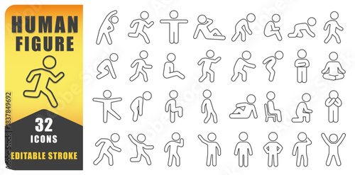 Human Figure Line Icon Vector Set. A Collection Of 32 Thin Line Editable Stroke Icons Representing Human Poses And Activities. Perfect For Fitness, Health, Education,  Communication, And Lifestyle.