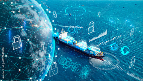 Future Supply Chain cyber security container smart port. Ocean Carriers, Freight marine cargo ship AI technology logistics tracking digital automation freight networks. Big Data risk mitigation © Yellow Boat