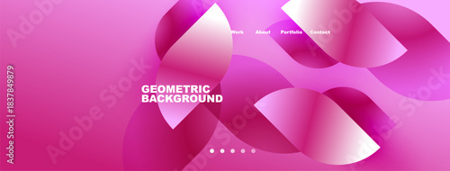 Pink, purple gradients form abstract shapes. Text reads Geometric Background, plus navigation options above. Dots indicate further sections.