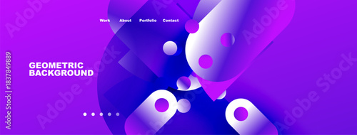 Abstract purple design features flowing shapes, text elements, navigation bar. Modern aesthetic, vibrant colors, geometric patterns present.