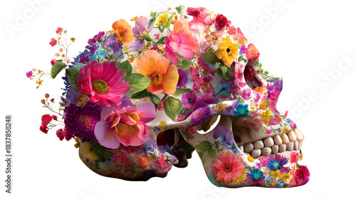 Memento Mori floral skull arrangement with vibrant blossoms and delicate petals, symbolizing life and decay for thematic projects and symbolic concepts