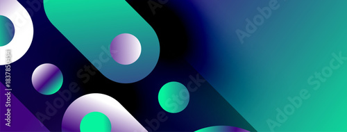 Abstract composition featuring vibrant circles, gradients. Purple, teal hues dominate design, creating modern aesthetic. Smooth transitions present dynamic visual experience.
