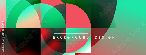 Abstract geometric composition. Overlapping circles create vibrant color gradients, modern design elements. Background features text labels.