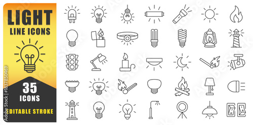 Light Line Icon Set Offers A Clean And Modern Collection Of 35 Editable Stroke Symbols Featuring Bulbs, Lamps, Fire, And Illumination Elements, Perfect For Apps, Branding, Infographics.  Vector Icons.