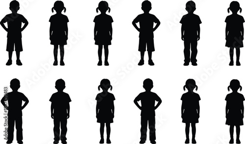 Silhouette illustration of boys and girls standing in various poses, representing childhood diversity, youth identity, school age children, and kid character design