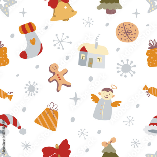 Adorable seamless Christmas doodle pattern with cute festive icons and cozy holiday vibes. Perfect for gift wrap, textiles, greeting cards, and joyful seasonal decor.