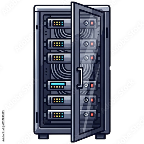 Server rack with open door showing multiple servers and network cables, isolated on transparent background