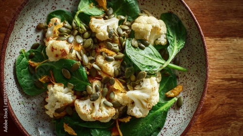 Fresh salad featuring roasted cauliflower, spinach, and pumpkin seeds served in a rustic bowl, showcasing vibrant colors and textures for healthy eating inspiration