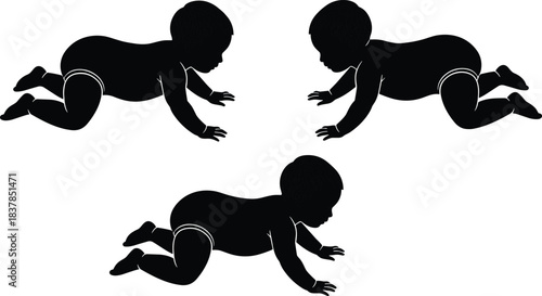 Silhouette illustration of crawling babies in various poses showing infant movement, early development, childhood activity, playful motion, and adorable newborn growth stages