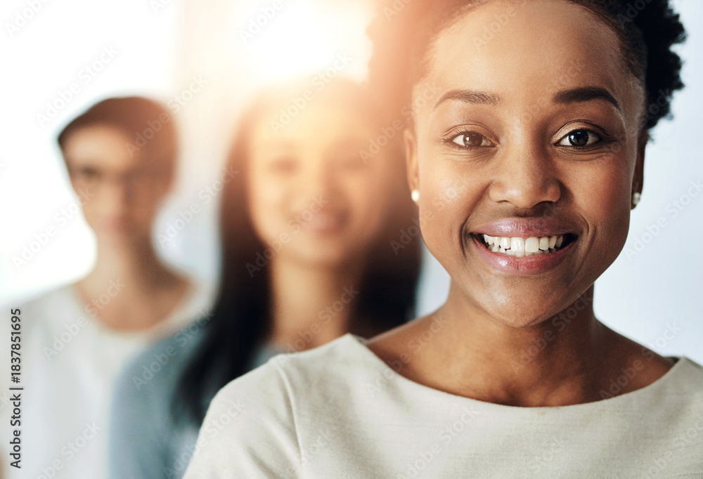 Obraz premium Portrait, woman and leader with smile in row at office on teamwork, collaboration and diversity. People, employee and boss or team manager with happiness or confident for startup and small business