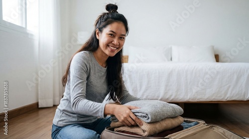 Happy young Asian woman packing warm clothes into a suitcase for a trip, sitting on the bedroom floor and smiling at camera.
