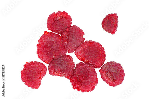 Sqeezed raspberry isolated on white background. Top view