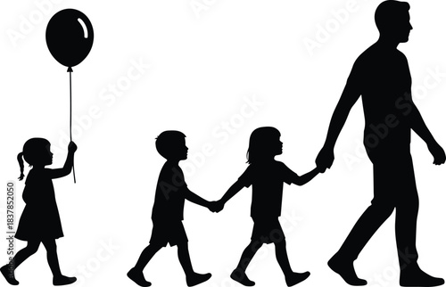 Silhouette illustration of father walking with children holding hands and balloon, representing family bonding, parenting, childhood, protection, and togetherness